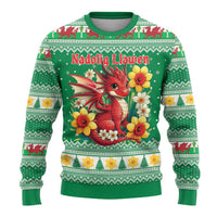 Personalized Wales Christmas Ugly Christmas Sweater Cute Red Welsh Dragon and Daffodils - Wonder Print Shop