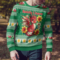 Personalized Wales Christmas Ugly Christmas Sweater Cute Red Welsh Dragon and Daffodils - Wonder Print Shop