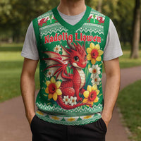Personalized Wales Christmas Knitted V-Neck Vest Cute Red Welsh Dragon and Daffodils - Wonder Print Shop