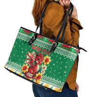 Personalized Wales Christmas Leather Tote Bag Cute Red Welsh Dragon and Daffodils - Wonder Print Shop