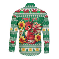 Personalized Wales Christmas Long Sleeve Button Shirt Cute Red Welsh Dragon and Daffodils - Wonder Print Shop