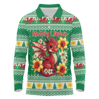 Personalized Wales Christmas Long Sleeve Polo Shirt Cute Red Welsh Dragon and Daffodils - Wonder Print Shop