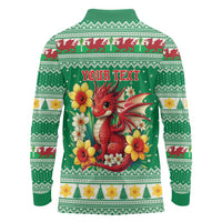 Personalized Wales Christmas Long Sleeve Polo Shirt Cute Red Welsh Dragon and Daffodils - Wonder Print Shop
