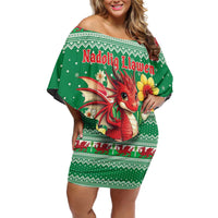 Personalized Wales Christmas Off Shoulder Short Dress Cute Red Welsh Dragon and Daffodils - Wonder Print Shop
