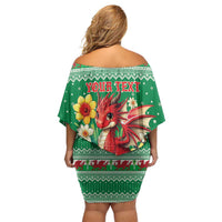 Personalized Wales Christmas Off Shoulder Short Dress Cute Red Welsh Dragon and Daffodils - Wonder Print Shop
