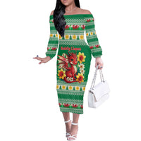 Personalized Wales Christmas Off The Shoulder Long Sleeve Dress Cute Red Welsh Dragon and Daffodils - Wonder Print Shop