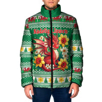 Personalized Wales Christmas Padded Jacket Cute Red Welsh Dragon and Daffodils - Wonder Print Shop