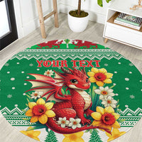 Personalized Wales Christmas Round Carpet Cute Red Welsh Dragon and Daffodils - Wonder Print Shop