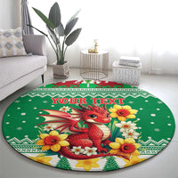 Personalized Wales Christmas Round Carpet Cute Red Welsh Dragon and Daffodils - Wonder Print Shop