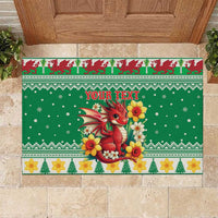 Personalized Wales Christmas Rubber Doormat Cute Red Welsh Dragon and Daffodils - Wonder Print Shop