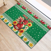 Personalized Wales Christmas Rubber Doormat Cute Red Welsh Dragon and Daffodils - Wonder Print Shop