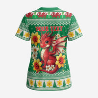 Personalized Wales Christmas Scrub Top Cute Red Welsh Dragon and Daffodils - Wonder Print Shop