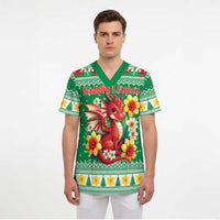 Personalized Wales Christmas Scrub Top Cute Red Welsh Dragon and Daffodils - Wonder Print Shop