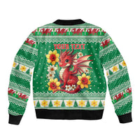 Personalized Wales Christmas Sleeve Zip Bomber Jacket Cute Red Welsh Dragon and Daffodils - Wonder Print Shop