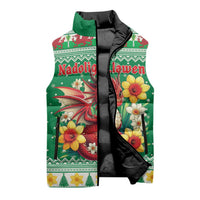 Personalized Wales Christmas Sleeveless Puffer Jacket Cute Red Welsh Dragon and Daffodils - Wonder Print Shop