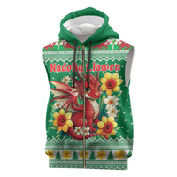 Personalized Wales Christmas Sleeveless Zip Hoodie Cute Red Welsh Dragon and Daffodils - Wonder Print Shop