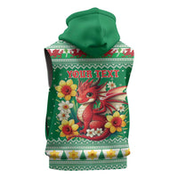 Personalized Wales Christmas Sleeveless Zip Hoodie Cute Red Welsh Dragon and Daffodils - Wonder Print Shop
