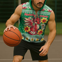 Personalized Wales Christmas Sleeveless Zip Hoodie Cute Red Welsh Dragon and Daffodils - Wonder Print Shop