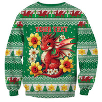 Personalized Wales Christmas Sweatshirt Cute Red Welsh Dragon and Daffodils - Wonder Print Shop