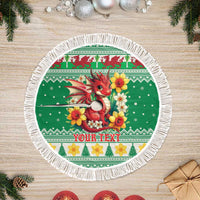 Personalized Wales Christmas Tree Skirt Cute Red Welsh Dragon and Daffodils - Wonder Print Shop