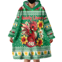 Personalized Wales Christmas Wearable Blanket Hoodie Cute Red Welsh Dragon and Daffodils - Wonder Print Shop