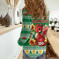 Personalized Wales Christmas Women Casual Shirt Cute Red Welsh Dragon and Daffodils - Wonder Print Shop