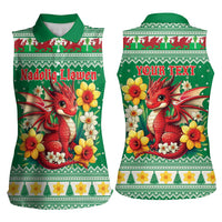 Personalized Wales Christmas Women Sleeveless Polo Shirt Cute Red Welsh Dragon and Daffodils - Wonder Print Shop