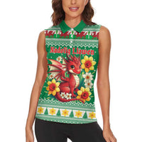 Personalized Wales Christmas Women Sleeveless Polo Shirt Cute Red Welsh Dragon and Daffodils - Wonder Print Shop