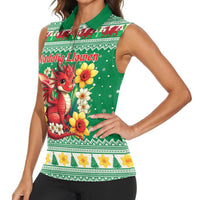Personalized Wales Christmas Women Sleeveless Polo Shirt Cute Red Welsh Dragon and Daffodils - Wonder Print Shop
