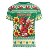 Personalized Wales Christmas Women V-Neck T-Shirt Cute Red Welsh Dragon and Daffodils - Wonder Print Shop