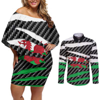 Wales Beast Couples Matching Off Shoulder Short Dress and Long Sleeve Button Shirt Ripped Flag Graphic - Wonder Print Shop