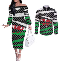 Wales Beast Couples Matching Off The Shoulder Long Sleeve Dress and Long Sleeve Button Shirt Ripped Flag Graphic - Wonder Print Shop