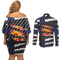 Finland Beast Couples Matching Off Shoulder Short Dress and Long Sleeve Button Shirt Ripped Flag Graphic - Wonder Print Shop