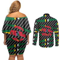 Dominica Beast Couples Matching Off Shoulder Short Dress and Long Sleeve Button Shirt Ripped Flag Graphic - Wonder Print Shop