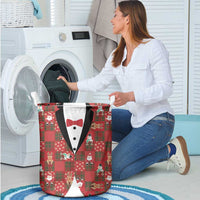 Christmas Patchwork Fake Tuxedo Laundry Basket Santa and Reindeer Red Plaid Style - Wonder Print Shop