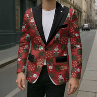 Christmas Patchwork Fake Tuxedo Blazer Santa and Reindeer Red Plaid Style - Wonder Print Shop