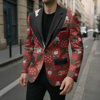Christmas Patchwork Fake Tuxedo Blazer Santa and Reindeer Red Plaid Style - Wonder Print Shop