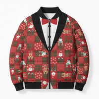 Christmas Patchwork Fake Tuxedo Bomber Puffer Jacket Santa and Reindeer Red Plaid Style - Wonder Print Shop