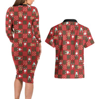 Christmas Patchwork Fake Tuxedo Couples Matching Long Sleeve Bodycon Dress and Hawaiian Shirt Santa and Reindeer Red Plaid Style - Wonder Print Shop