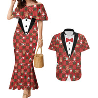 Christmas Patchwork Fake Tuxedo Couples Matching Mermaid Dress and Hawaiian Shirt Santa and Reindeer Red Plaid Style - Wonder Print Shop