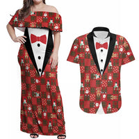 Christmas Patchwork Fake Tuxedo Couples Matching Off Shoulder Maxi Dress and Hawaiian Shirt Santa and Reindeer Red Plaid Style - Wonder Print Shop