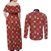 Christmas Patchwork Fake Tuxedo Couples Matching Off Shoulder Maxi Dress and Long Sleeve Button Shirt Santa and Reindeer Red Plaid Style - Wonder Print Shop