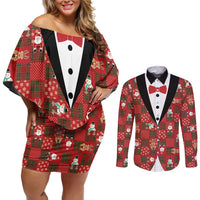 Christmas Patchwork Fake Tuxedo Couples Matching Off Shoulder Short Dress and Long Sleeve Button Shirt Santa and Reindeer Red Plaid Style - Wonder Print Shop