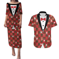Christmas Patchwork Fake Tuxedo Couples Matching Puletasi and Hawaiian Shirt Santa and Reindeer Red Plaid Style - Wonder Print Shop
