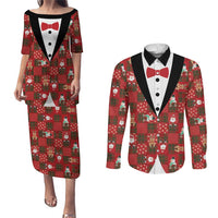Christmas Patchwork Fake Tuxedo Couples Matching Puletasi and Long Sleeve Button Shirt Santa and Reindeer Red Plaid Style - Wonder Print Shop