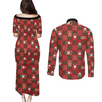 Christmas Patchwork Fake Tuxedo Couples Matching Puletasi and Long Sleeve Button Shirt Santa and Reindeer Red Plaid Style - Wonder Print Shop