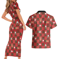 Christmas Patchwork Fake Tuxedo Couples Matching Short Sleeve Bodycon Dress and Hawaiian Shirt Santa and Reindeer Red Plaid Style - Wonder Print Shop
