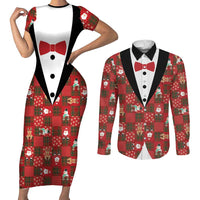 Christmas Patchwork Fake Tuxedo Couples Matching Short Sleeve Bodycon Dress and Long Sleeve Button Shirt Santa and Reindeer Red Plaid Style - Wonder Print Shop