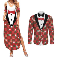 Christmas Patchwork Fake Tuxedo Couples Matching Summer Maxi Dress and Long Sleeve Button Shirt Santa and Reindeer Red Plaid Style - Wonder Print Shop