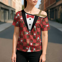 Christmas Patchwork Fake Tuxedo Cross Shoulder Shirt Santa and Reindeer Red Plaid Style - Wonder Print Shop